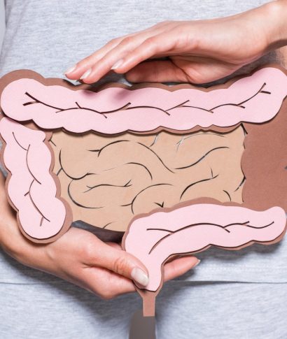 partial view of woman holding paper made large intestine on grey background